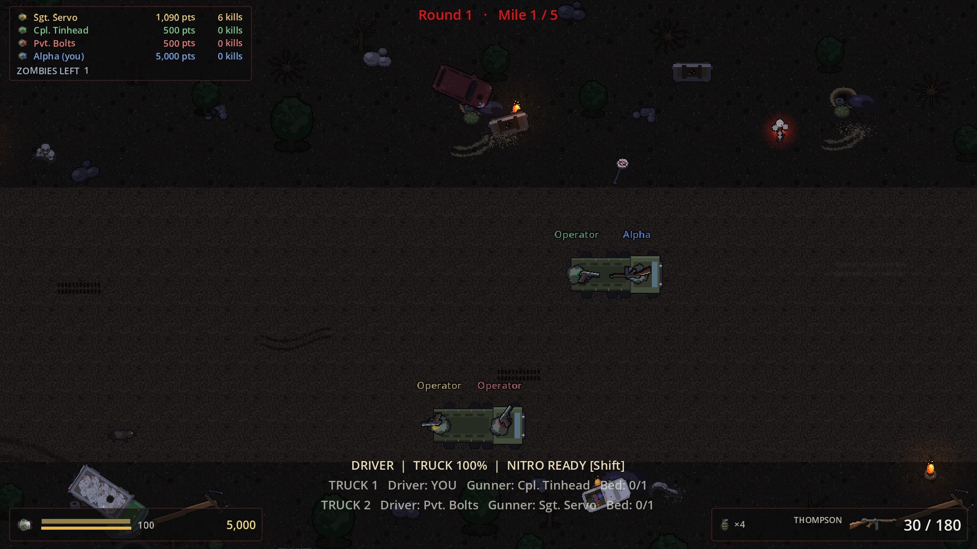 Two squad trucks crossing a wreck-strewn road during the Dark Operation convoy chapter
