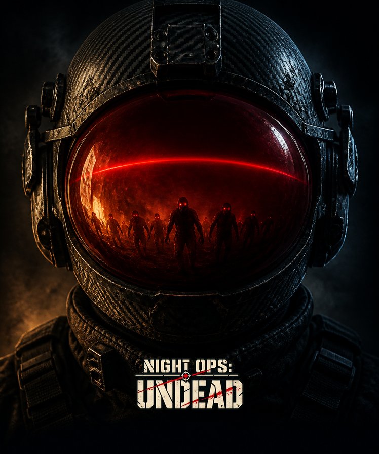 An operator's visor reflecting a red-lit horde